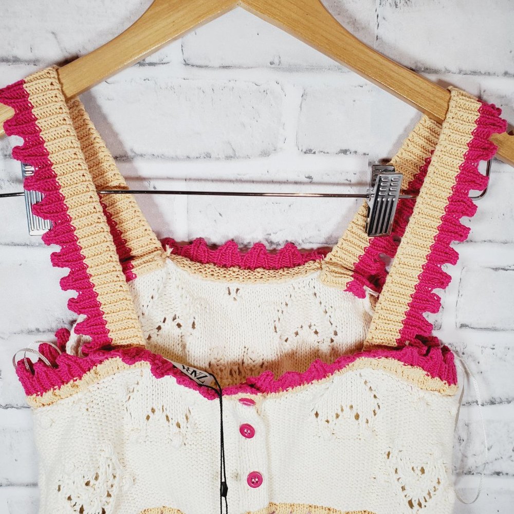zara knitted top with hearts pink beige cropped top size small nwt - Picture 5 of 7